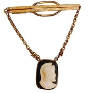 Vintage Hickok Gold-Plated Tie Bar, Chain, Helmeted Roman Cameo, Mid Century